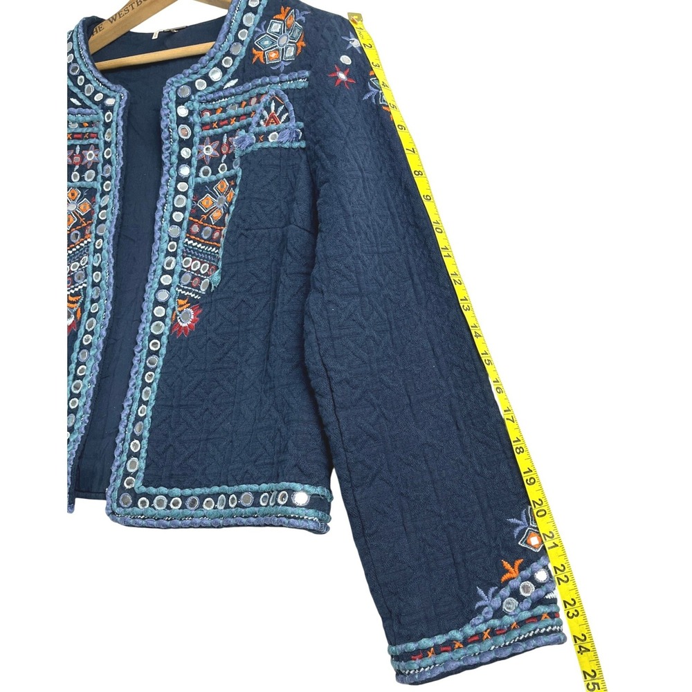 Temperance Navy Blue Embroidered Mirror Work Quilted Boho Jacket L - Picture 10 of 12